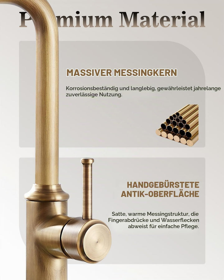 Küchenarmatur, Wasserhahn Küche, mit 360 ° Drehbare Hohem Auslauf, Antikes Messing, Antikes Messing