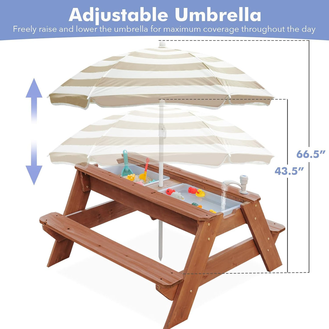 Kids 3-in-1 Sand- und Wasser-Aktivitätstisch, Holz, Outdoor, wandelbarer Picknicktisch mit Regenschi