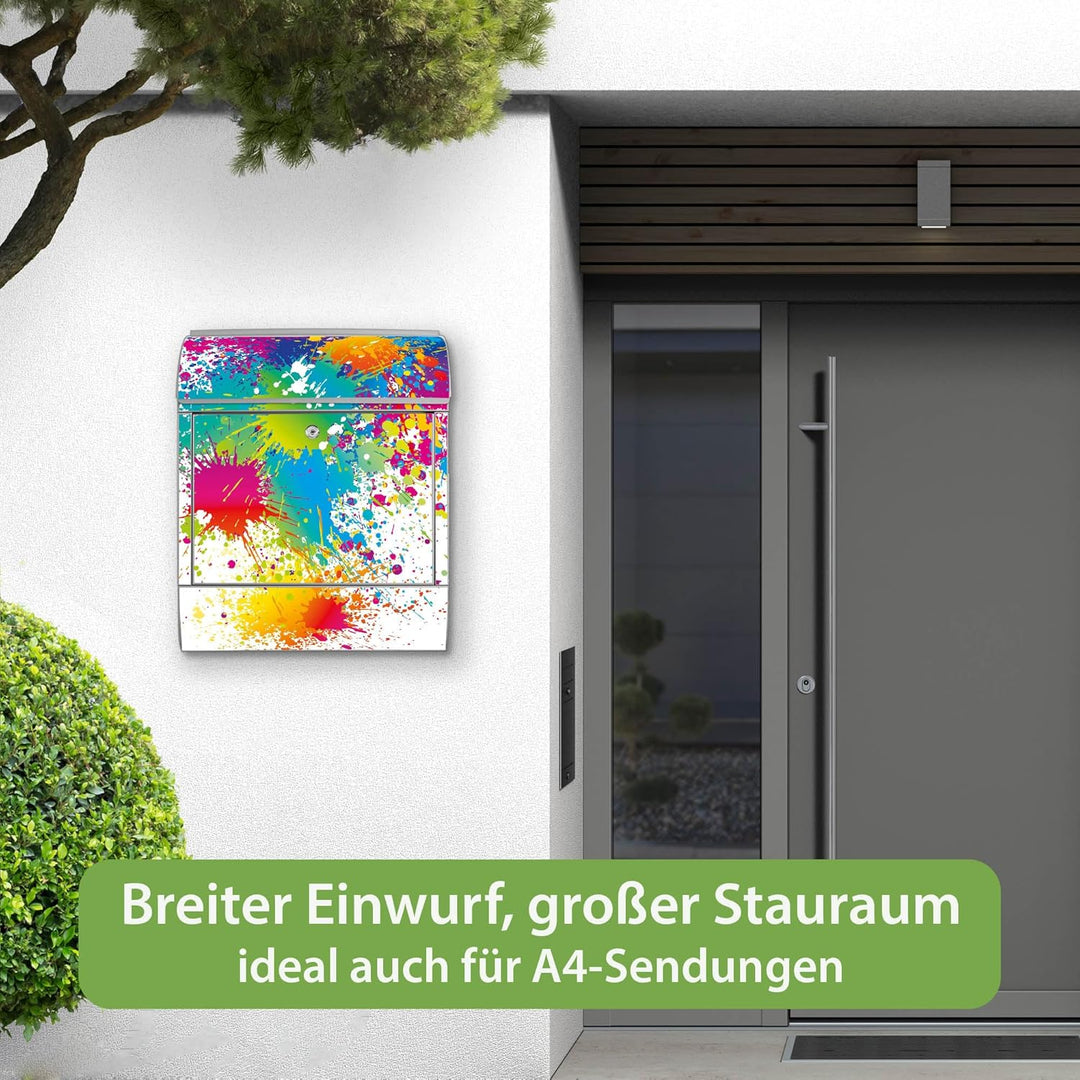 banjado® Design Briefkasten mit Motiv Farbspritzer 39x47x14cm &amp; 2 Schlüssel - Briefkasten Stahl Silb