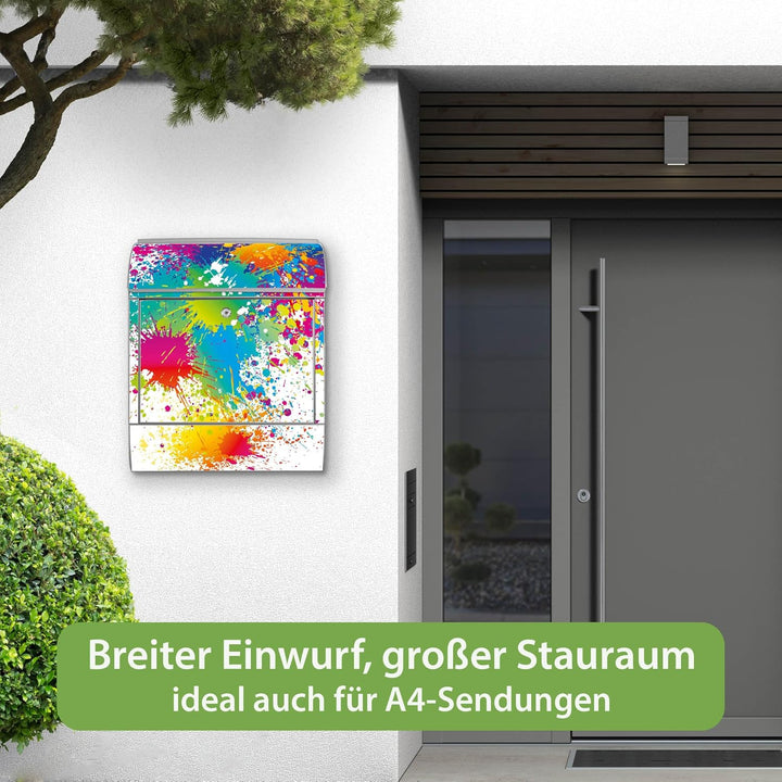 banjado® Design Briefkasten mit Motiv Farbspritzer 39x47x14cm &amp; 2 Schlüssel - Briefkasten Stahl Silb