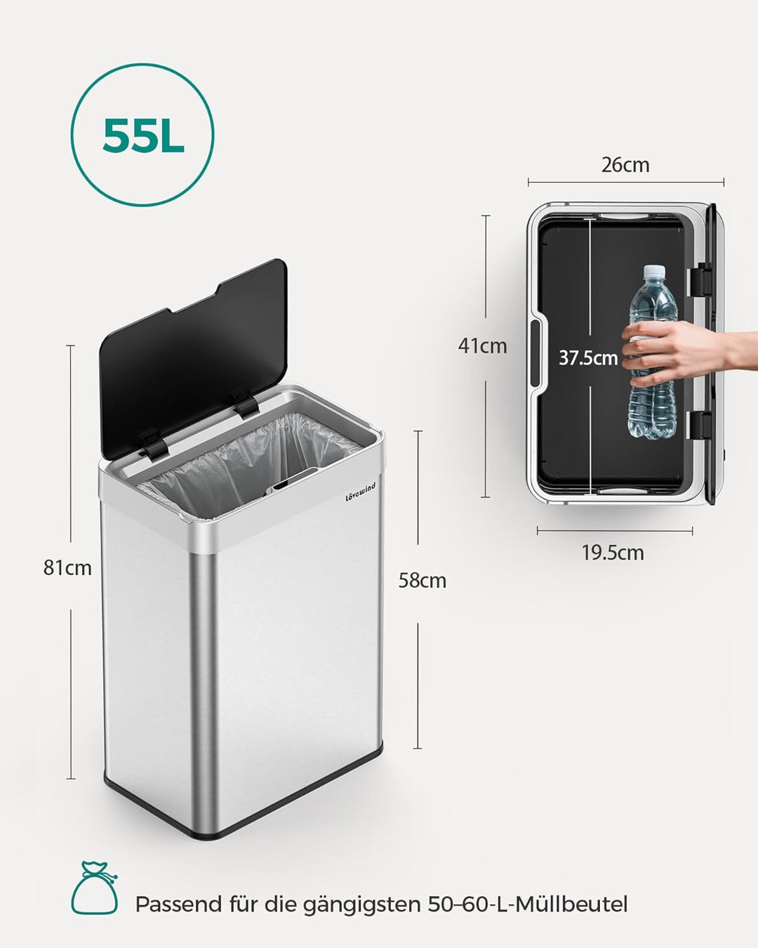 lovewind 55L Berührungsloser Küchenmülleimer, Edelstahl Sensor Mülleimer, Type-C Aufladbar, Leiser S