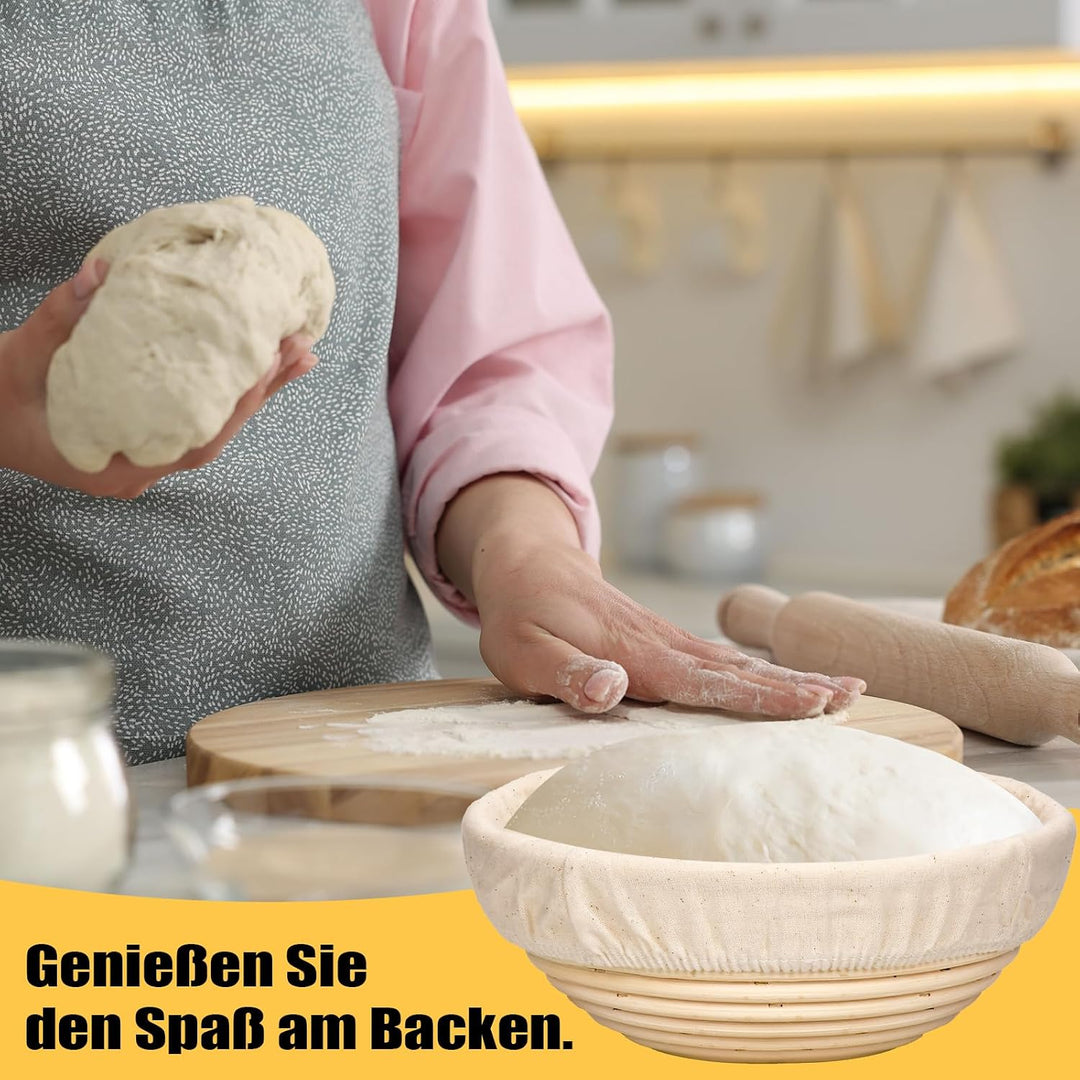 Gärkörbchen Set 3-teilig (23cm) rund, aus hochwertigem Rattan mit Leinen-Einsätzen – Sauerteig Gärko
