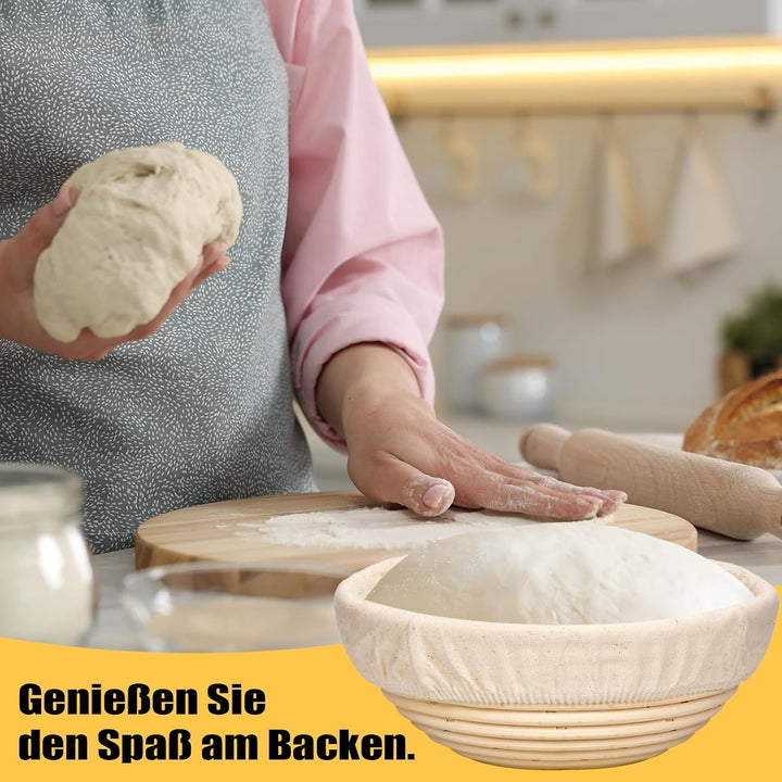 Gärkörbchen Set 3-teilig (23cm) rund, aus hochwertigem Rattan mit Leinen-Einsätzen – Sauerteig Gärko