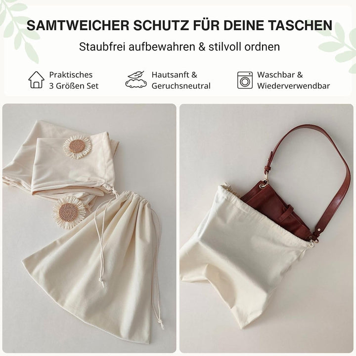Samtweiche Staubschutzbeutel für Handtaschen, 3er Set Stoffbeutel | Aufbewahrungsbeutel mit Baumwoll