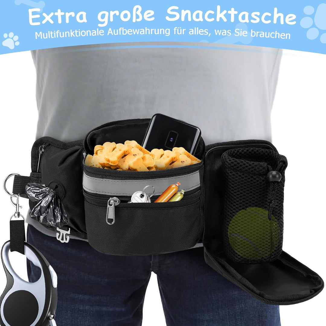Leckerlibeutel Hundetraining, Robuste Bauchtasche mit Kotbeutelspender, Flaschenhalter, Reflektor &