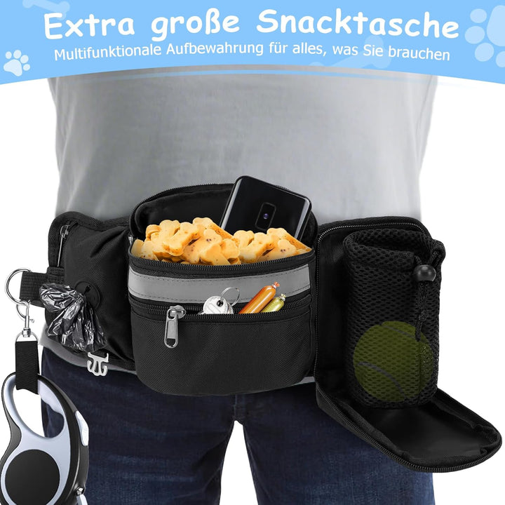 Leckerlibeutel Hundetraining, Robuste Bauchtasche mit Kotbeutelspender, Flaschenhalter, Reflektor &