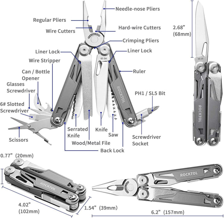 ROCKTOL Multifunktionszange,19-in-1-Multitool-Zange mit titanbeschichtetem Griff, Sicherheitsverrieg