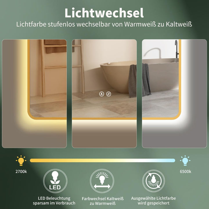 HOKO Anti-Fog LED Badspiegel 100x70 cm / 70x100 cm Ohio mit Goldener Metallrahmen, HOCH+QUER Montage