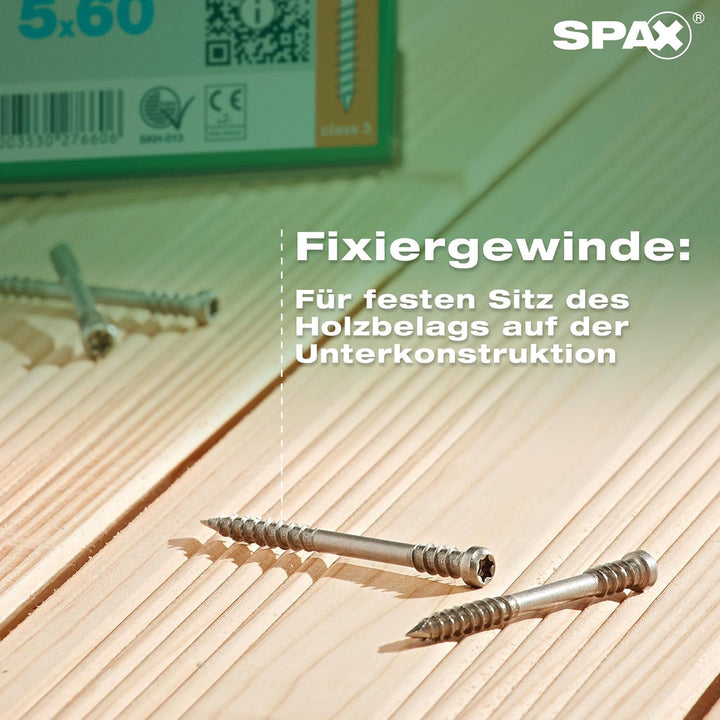 SPAX Terrassenschraube, 5 x 60 mm, 180 Stück, Fixiergewinde, Zylinderkopf, T-STAR plus T25, CUT, Ede