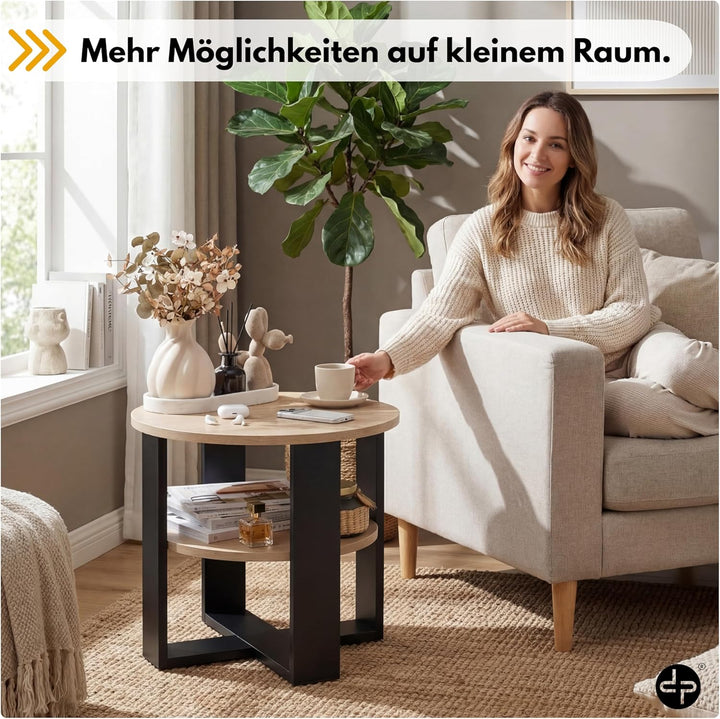 Couchtisch rund Ø53 cm - Kleiner Beistelltisch mit Ablage - Sonoma Eiche - 2 Ebenen, runder moderner