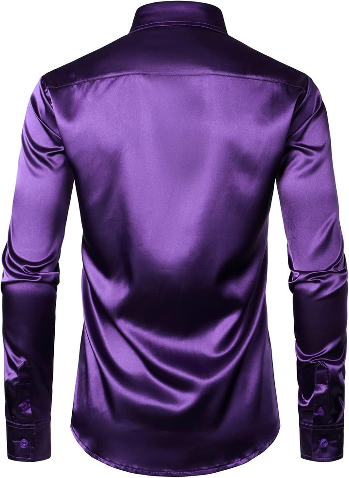 Herren Glänzend Slim Fit Satin Langarmhemd Frezeit Business Hemd für Party Nachtclub, Dunkelviolett