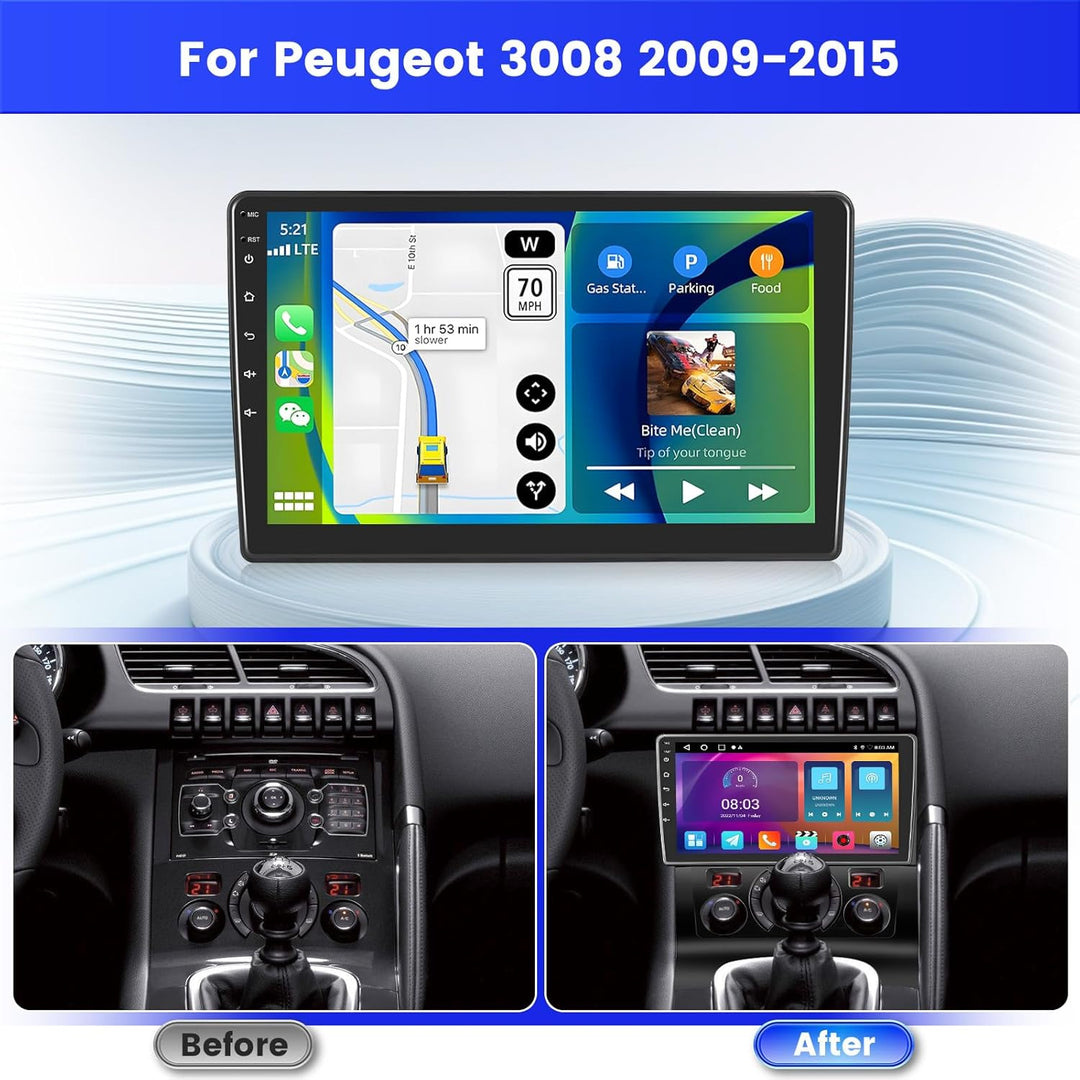 Radio für Peugeot 3008 2009-2015 Android 15 2+64G mit Wireless CarPlay Android Auto, 9 Zoll Bildschi