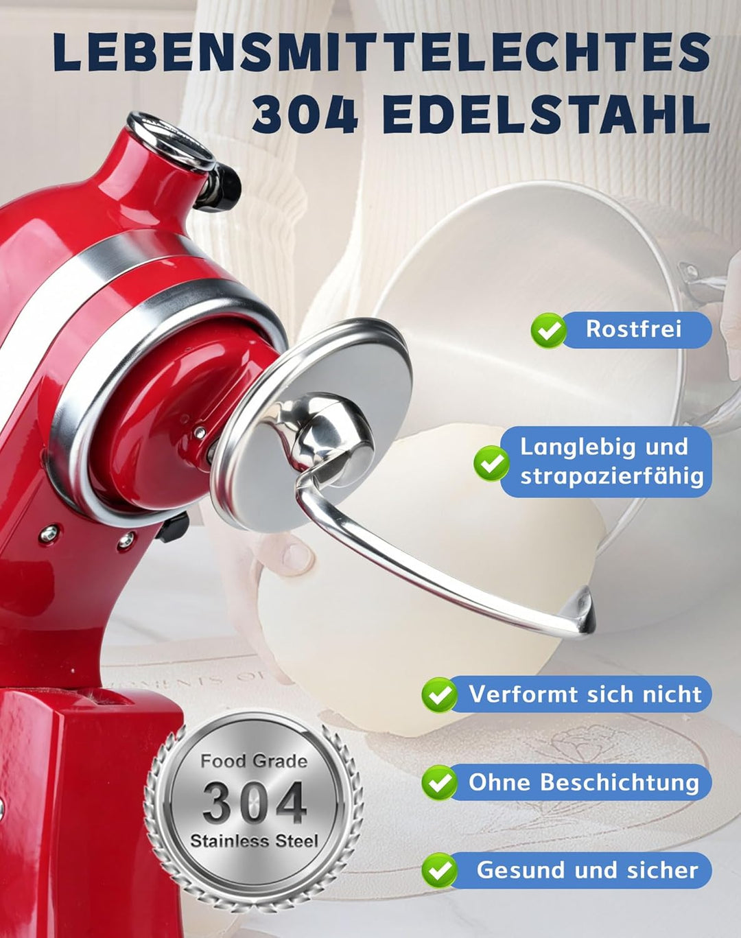 Knethaken für Kitchenaid 4.5/5QT Edelstahl Knethaken, Teigpeitsche für Standmixer, Artisan Rührhaken