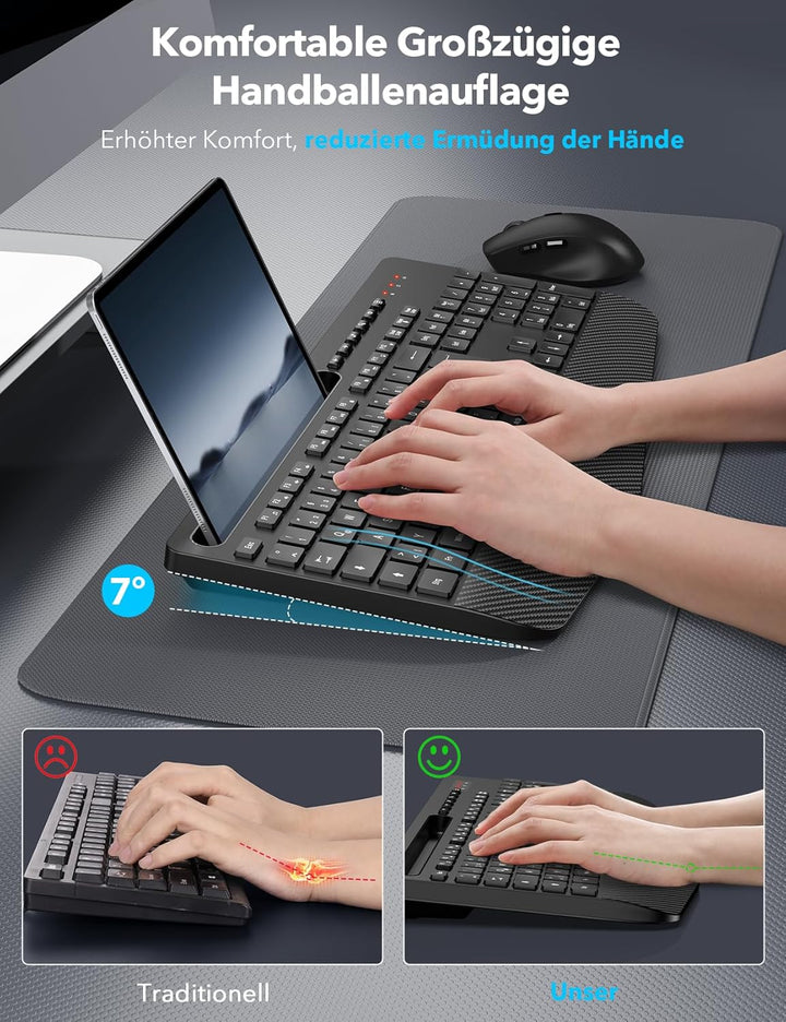Tastatur Maus Set Kabellos, Ergonomische Tastatur in Voller Grösse mit Handgelenkauflage, Telefonhal