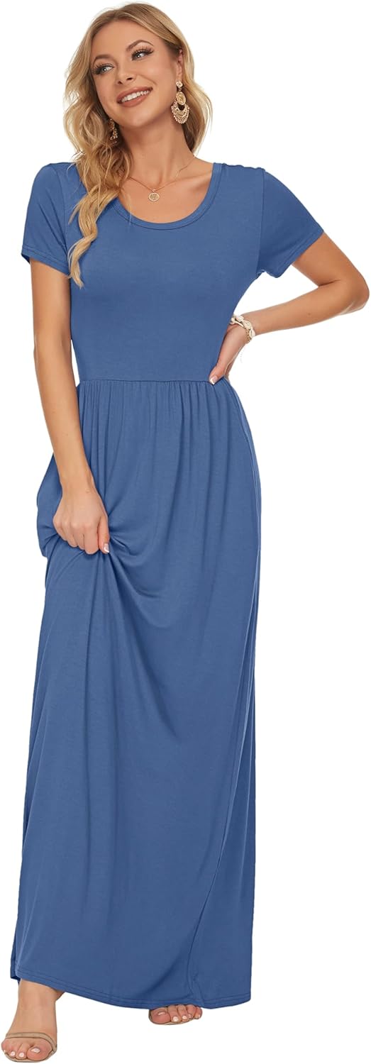 AUSELILY Damen Kurzarm Loose Casual Long Maxi Kleider mit Taschen Beja Blue S, Beja Blue S