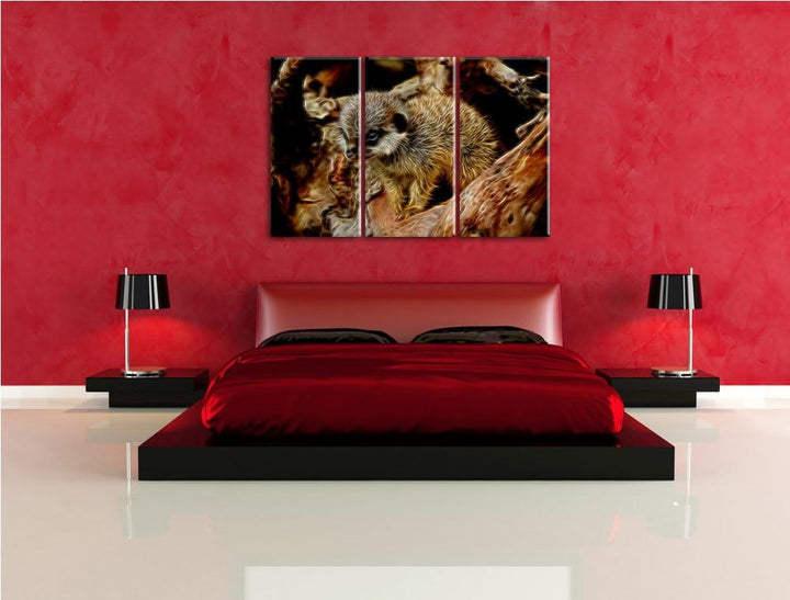 junges Erdmännchen auf Baum NewArt 3-Teiler Leinwandbild 120x80 Bild auf Leinwand, XXL riesige Bilde