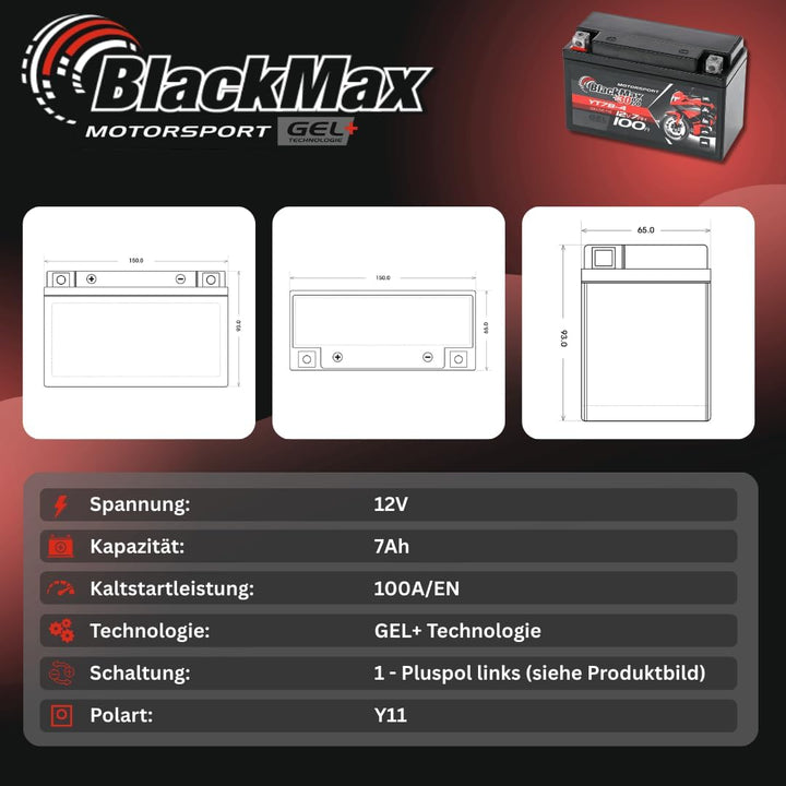 BlackMax YT7-B4 Motorradbatterie GEL 12V 7Ah YT7B-4 YT7B-BS Batterie FT7B4 GT7B4 7Ah - 100A - YT7-B4