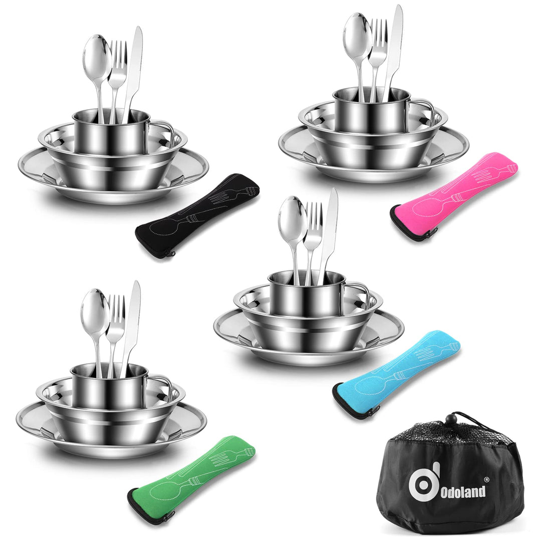 Odoland Campingbesteck Set Outdoor Reisebesteck aus Edelstahl Klappbesteck mit Teller Tasse ideal Ge