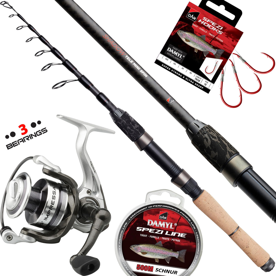Fischzeux Angelset Forelle komplett – Mini Spin Profi Reiseruten-Set 2,10 m