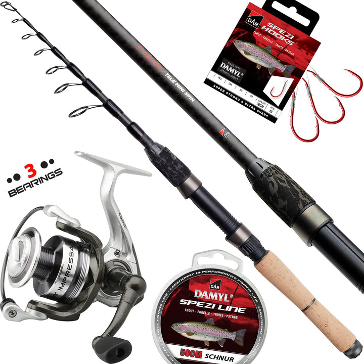 Fischzeux Angelset Forelle komplett – Mini Spin Profi Reiseruten-Set 2,10 m