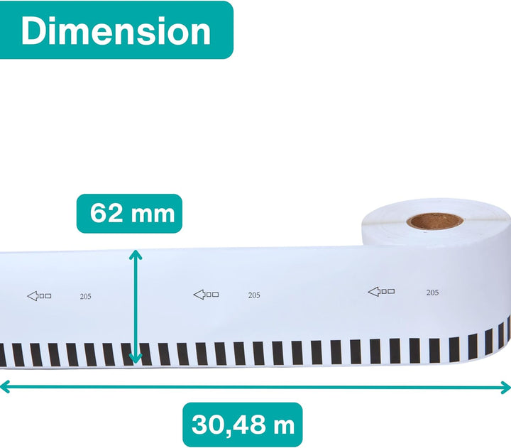 Double Dragon 10 Rollen DK-22205 Endlospapier Etiketten, 62mm x 30,48m, für Brother QL Drucker (QL-8