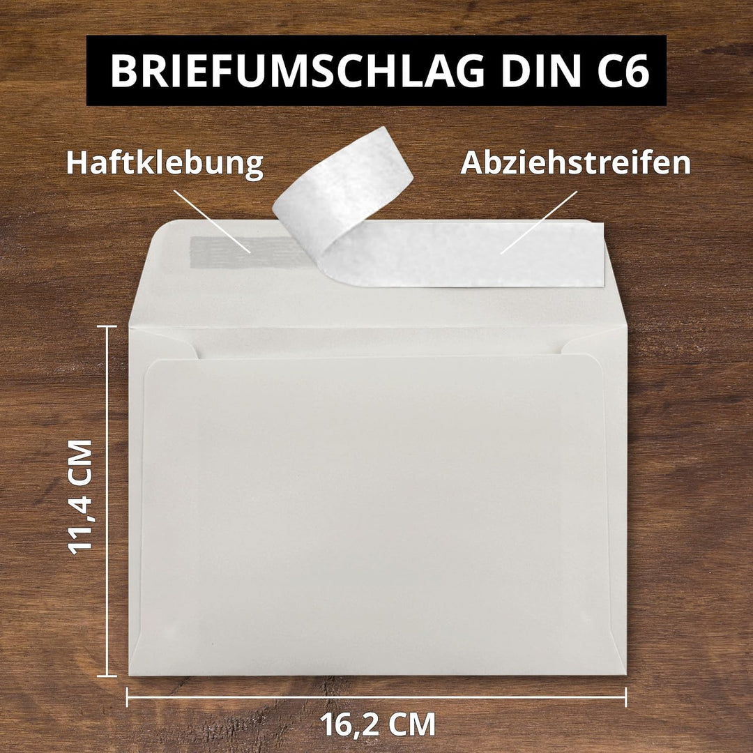 150x Briefumschläge Hell-Grau DIN C6 Format 11,4 x 16,2 cm - Haftklebung - Kuverts ohne Fenster - We