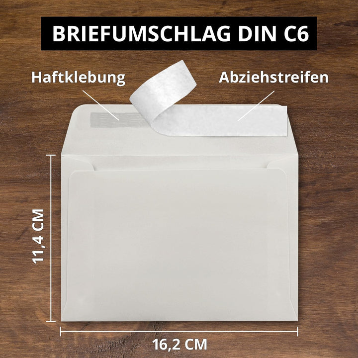 150x Briefumschläge Hell-Grau DIN C6 Format 11,4 x 16,2 cm - Haftklebung - Kuverts ohne Fenster - We