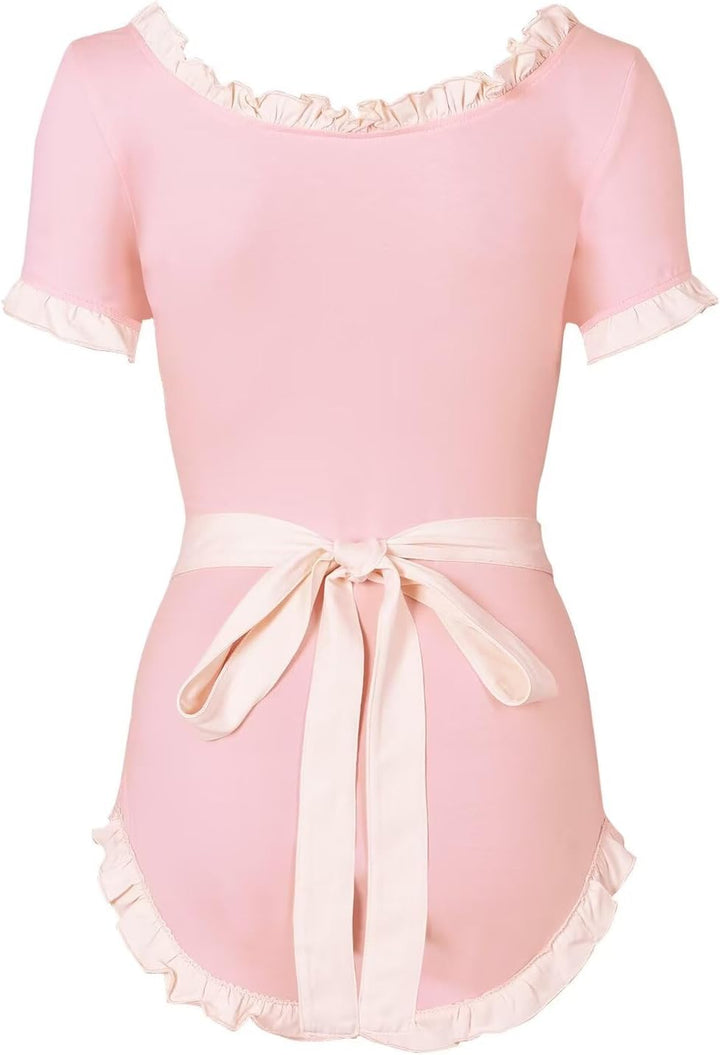 Landofgenie Damen Schwarz Langarm Baumwolle Bodysuit Onesie Pyjamas Maid Outfit Rosa L, Rosa L