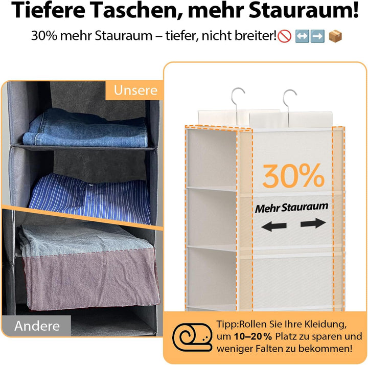 Extra Tiefer Hängeorganizer Schrank, Kleiderschrank Organizer, 6 Fächer mit Mesh-Taschen, Faltbar un