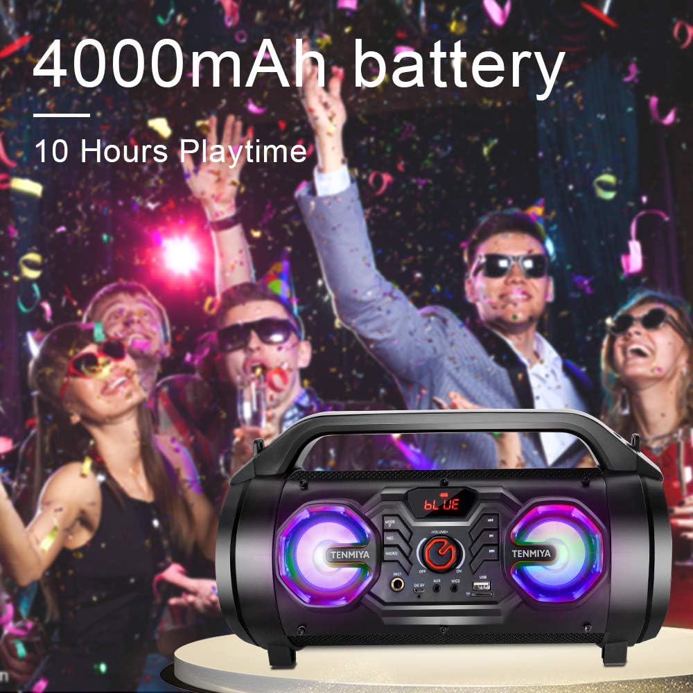 TENMIYA Bluetooth Lautsprecher, 30W Musikbox Bluetooth mit Subwoofer, FM Radio, RGB Licht. 10h Akku