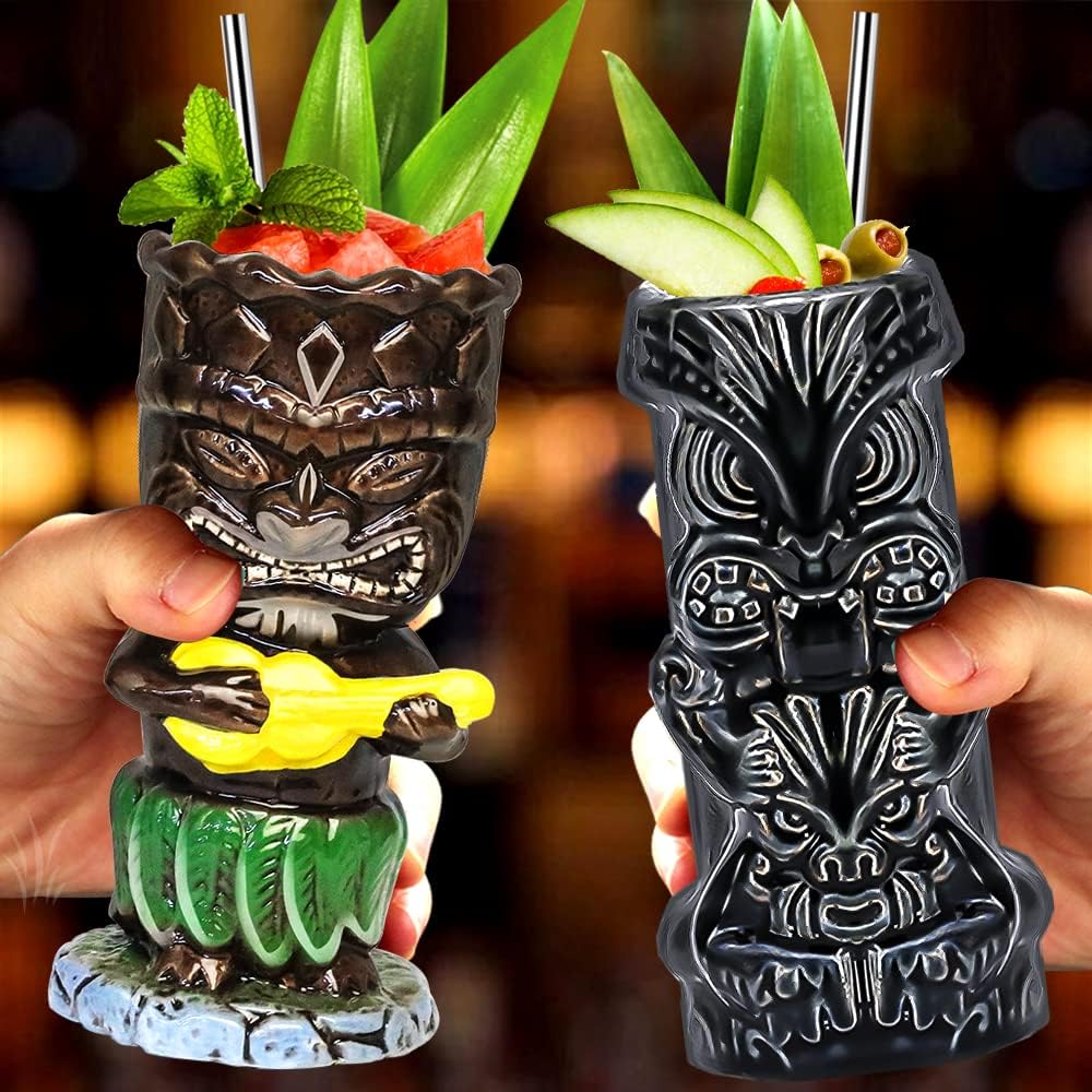 Tiki-Tassen, 4 Stück Tiki-Gläser für Cocktails grossen tropischen Keramikbechern Hawaii Tiki Party K