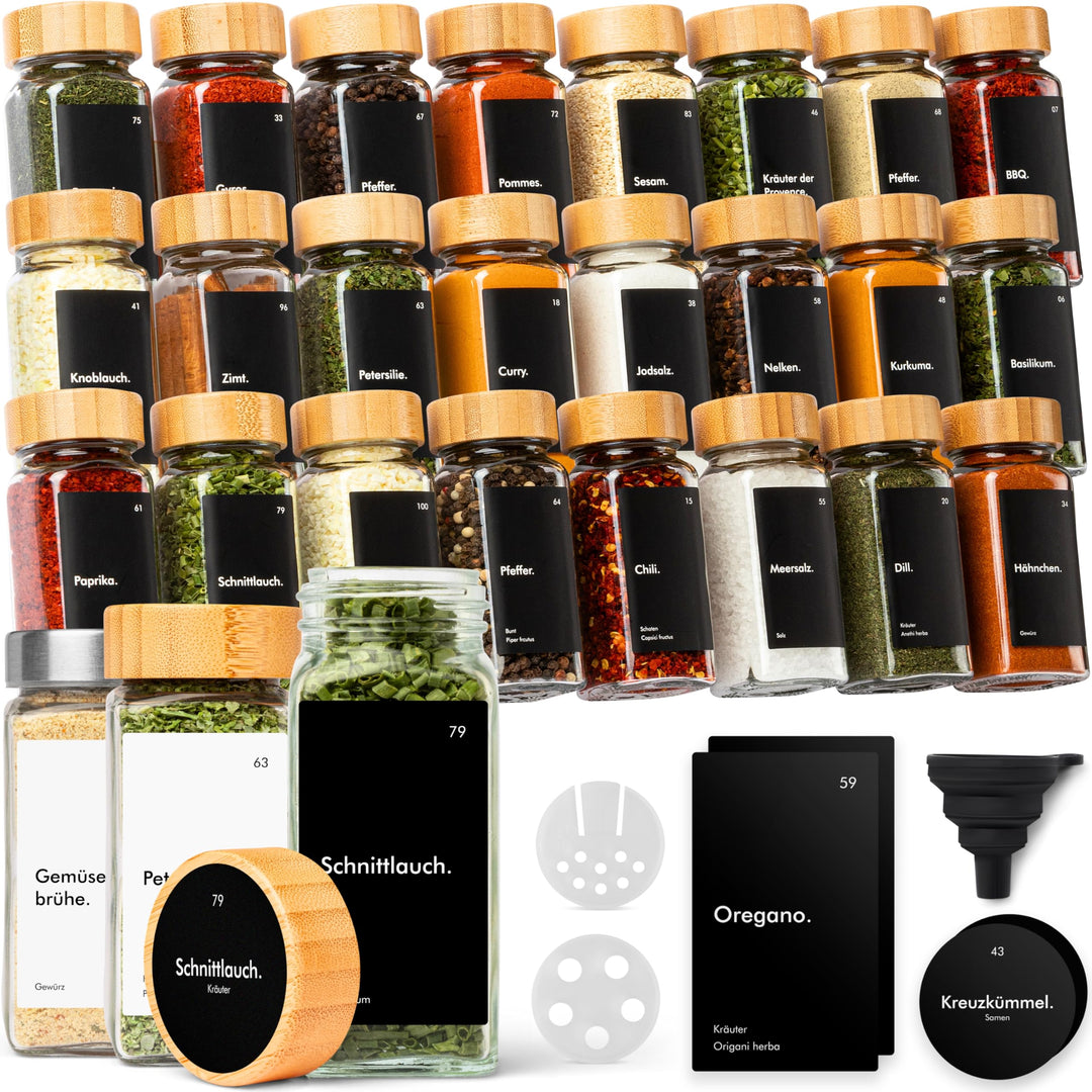 KIVY Gewürzgläser mit Streueinsatz [24x 120ml] + 240 Wasserfeste Label - Luftdichte Gewürzgläser eck