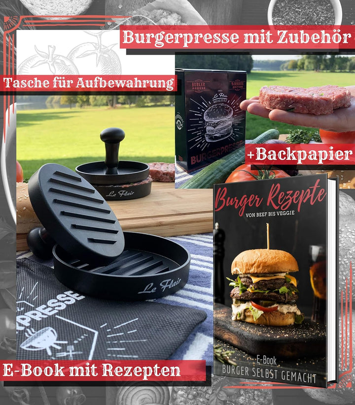 Le Flair® Alu Burgerpresse aus hochwertigem Aluminium - Hamburgerpresse mit Aufbewahrungstasche - Bu