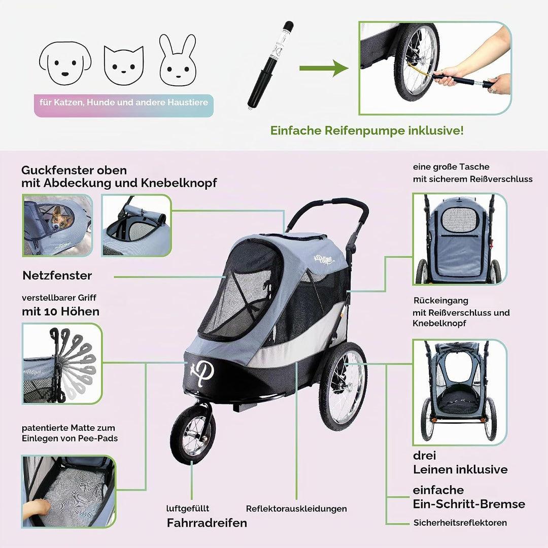 Petique Trailblazer Jogger Hundebuggy Space Gray mit Reifenpumpe, Regenhülle, Fahrrad-Adapter &amp; Sich
