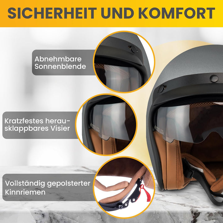 Jethelm mit Visier by BS Way: Hochwertiger Motorradhelm, ECE-Zertifiziert für Herren und Damen -  Id