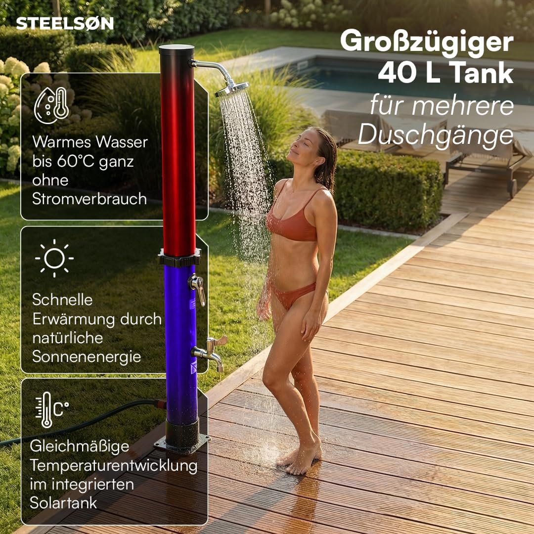 STEELSØN Velion Solardusche Garten 20L – Solar Gartendusche Winterfest – Aussendusche 60° schwarz –