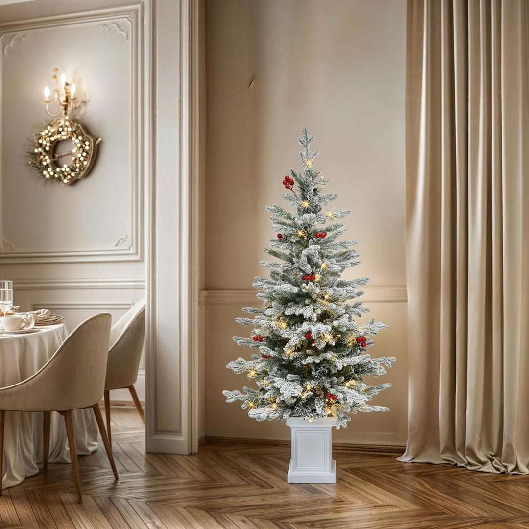 YITAHOME 140cm Vorgefertigter Künstlicher Weihnachtsbaum mit Beleuchtung, Schlanke Tanne mit 11 Rote