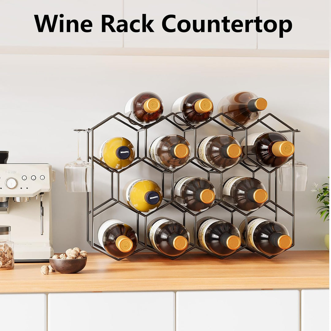 Urban Deco Weinregal für 14 Flaschen aus Metall, Flaschenregal schwarz mit 2 Haken für 2 Weingläser,