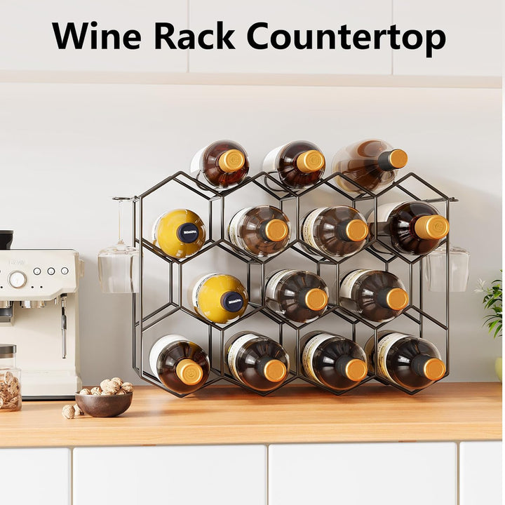 Urban Deco Weinregal für 14 Flaschen aus Metall, Flaschenregal schwarz mit 2 Haken für 2 Weingläser,