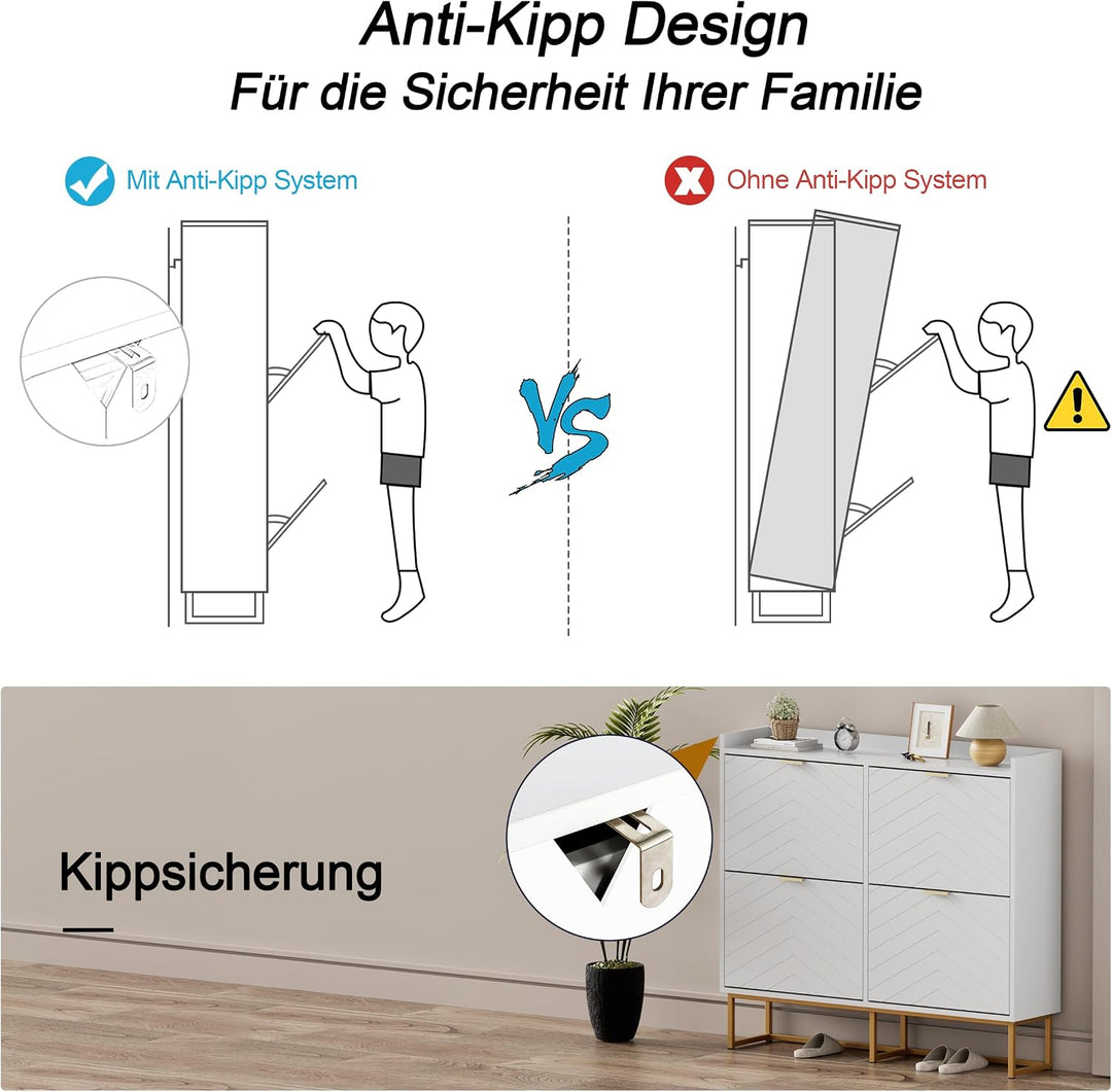 UEV Schuhschrank mit 4 Klappen Schmal,Freistehendes Schuhregal mit Kippschutz, Schuhkommode mit vers