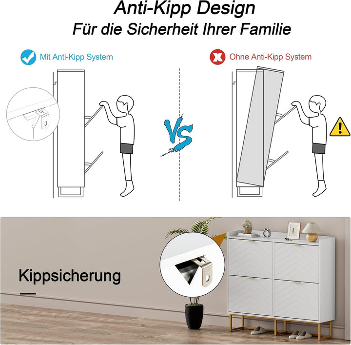 UEV Schuhschrank mit 4 Klappen Schmal,Freistehendes Schuhregal mit Kippschutz, Schuhkommode mit vers