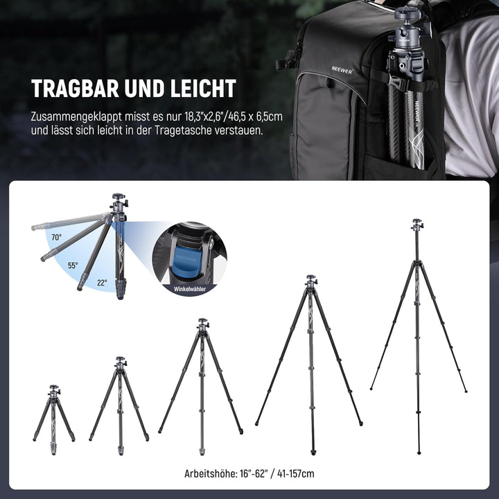 NEEWER LITETRIP 62" Kamera Reisestativ, tragbarer Ständer aus Carbonfaser mit abnehmbarem ±15° Nivel