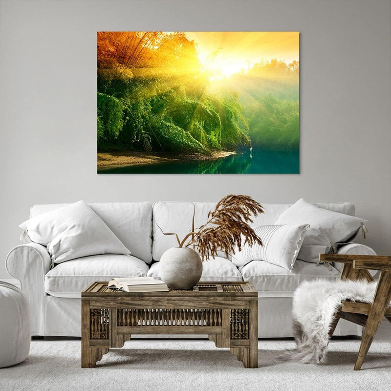 Bilder auf Leinwand 100x70cm Leinwandbild mit Rahmen Tropen Bäume Fluss Gross Wanddeko Bild Schlafzi