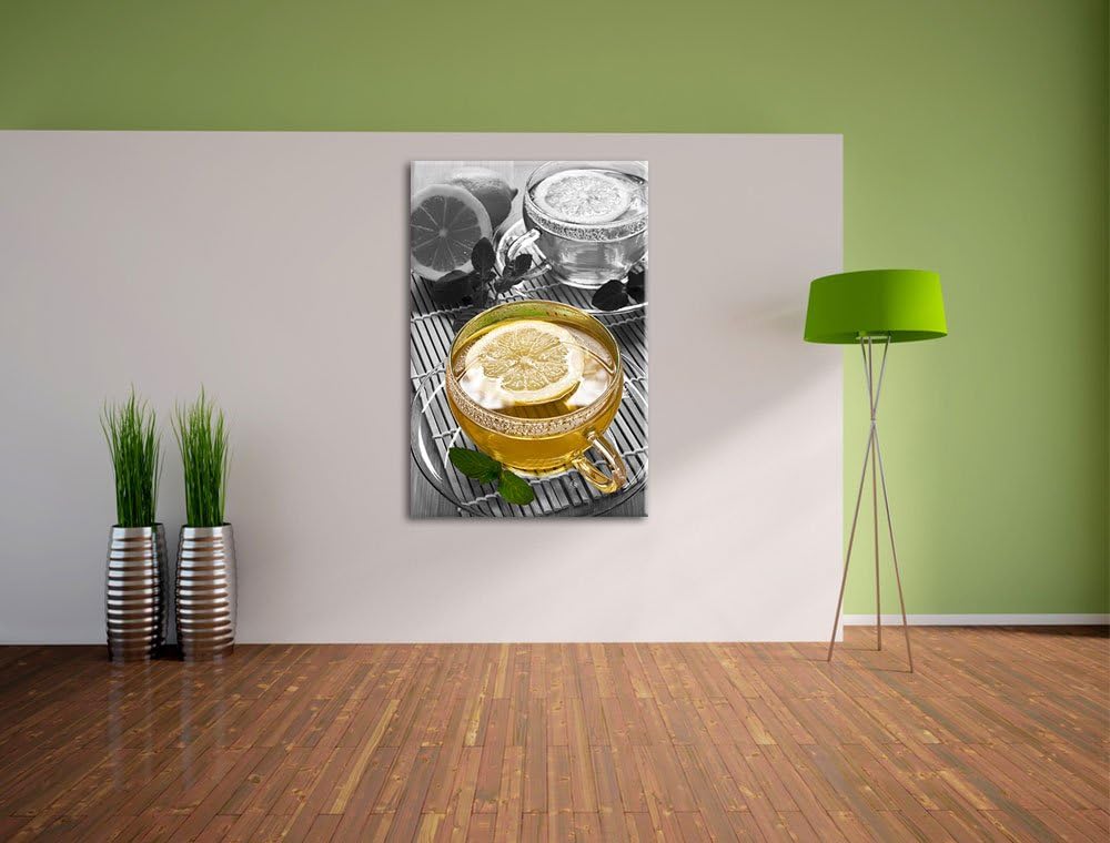 Grüner Tee mit Zitrone schwarz/weiss Format: 100x70 auf Leinwand, XXL riesige Bilder fertig gerahmt