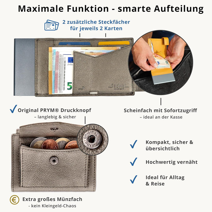 SecWal Kartenetui mit Münzfach Druckknopf inkl. Geschenkbox - Made in Germany - Echtleder Mini Geldb