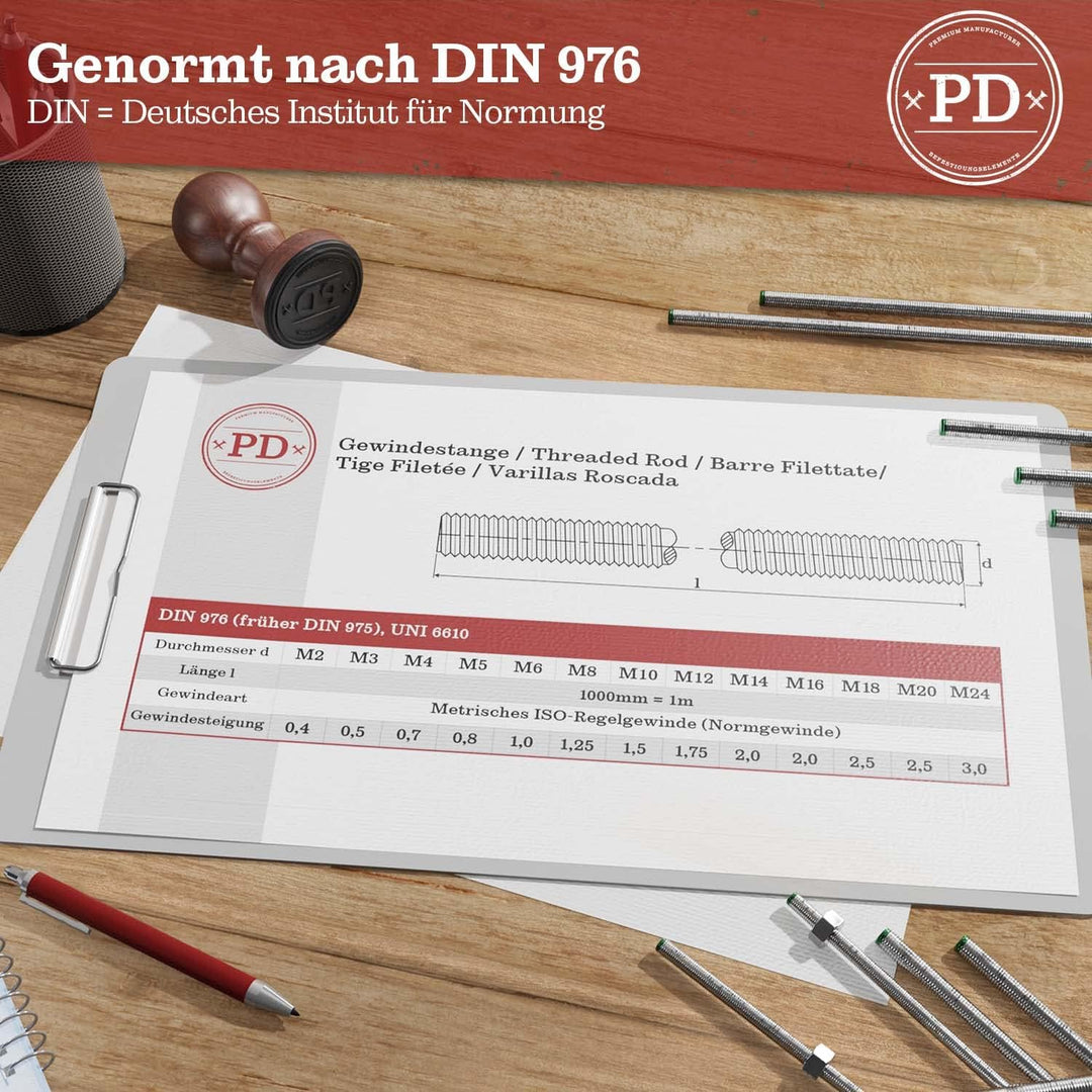 PD® Gewindestangen M8 Edelstahl A4 V4A (DIN 976 / DIN 975) | 1 Meter Gewindestab mit Regelgewinde |