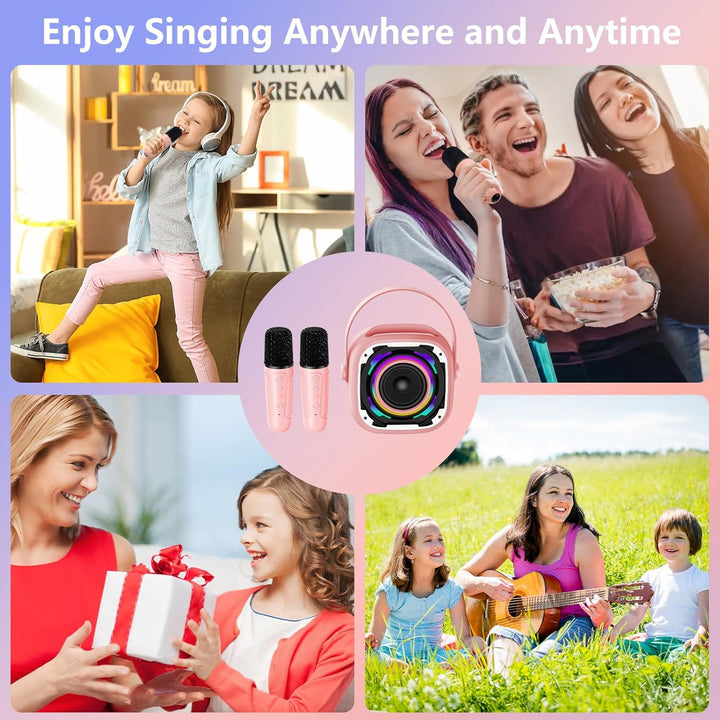 Karaoke Maschine Kinder mit 2 Mikrofonen, Tragbare Bluetooth Lautsprecher mit Telefonhalterung/Dynam