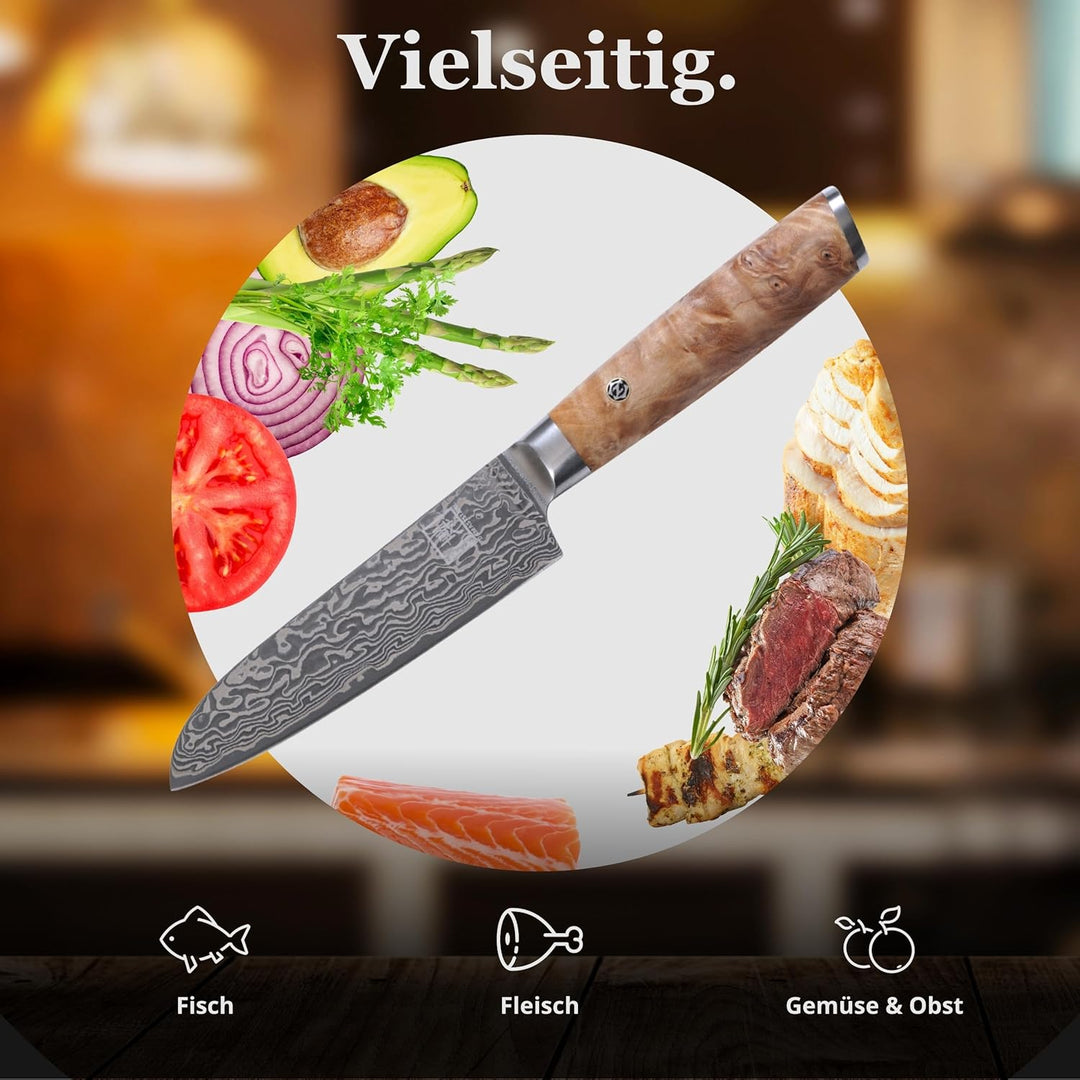 zayiko Kinone Premium Kleines Santokumesser - 12 cm Klinge, 67 Lagen Damaststahl, ergonomischer Birk