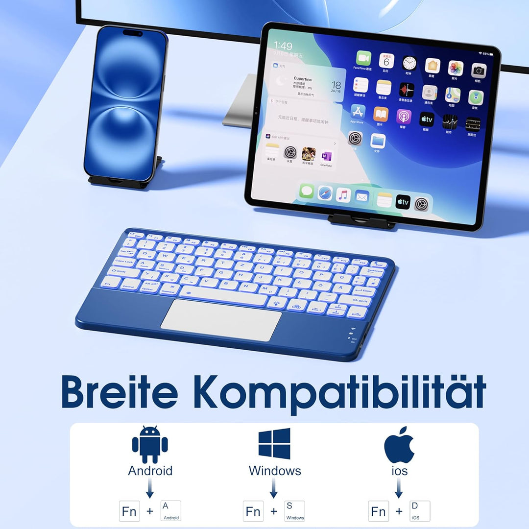 Vobafe Bluetooth Tastatur mit Touchpad, Kabellose 7-farbiges Backlight QWERTZ Tablet Keyboard, Trale
