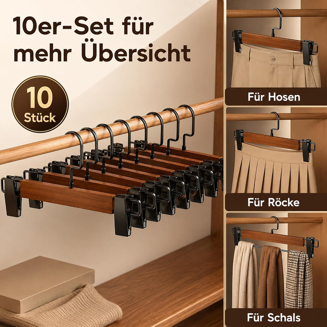 10 Stück Hosenbügel aus Umweltfreundlichem Naturholz, Rockbügel mit Verstellbaren Anti-Rutsch Clips
